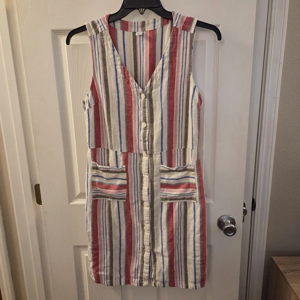 Old‎ Navy sz L slvless striped knee dress linen/rayon button front casual summer